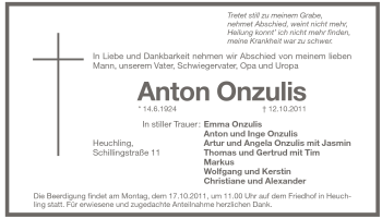 Traueranzeige von Anton Onzulis von Pegnitz-Zeitung